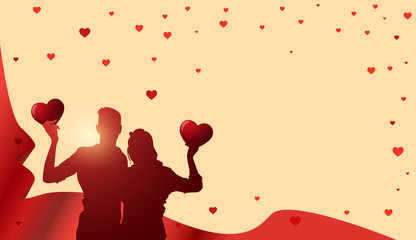Valentines Day Template Background With Silhouette Couple Holding Hearts Over Copy Space Flat Vector Illustration