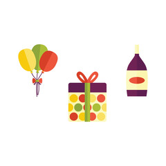 Vector flat birthday celebration symbols icon set. champagne glass bottle with gold label, colorful air balloons and present box in bright wrapping with bow. Isolated illustration on white background