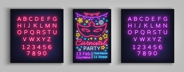 Fototapeta na wymiar Carnival party design template, brochure, poster in neon style. Bright luminous invitation to the carnival party, masquerade. Neon sign, flyer. Mardi Gras Vector illustration. Editing text neon sign