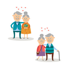 Vector elderly couple in love dating valentines day set. Cartoon characters embracing, standing with cane, man giving flowers bouquet to woman. Isolated illustration on a white background
