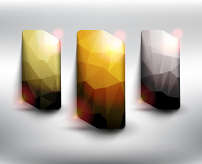 Abstract vector crystal banner set of 3. Low poly vertical banners in 3 different colors. Isolated with realistic, transparent shine and shadow on the light background. Vector illustration. Eps10.