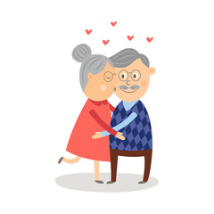 Vector elderly couple in love dating at valentine's day. Cartoon grey-haired characters in casual clothing embrasing, woman kissing man in cheek. Isolated illustration, white background