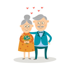 Vector elderly couple in love dating at valentine's day. Cartoon grey-haired characters in casual clothing embrasing, man giving flowers bouquet to woman. Isolated illustration, white background
