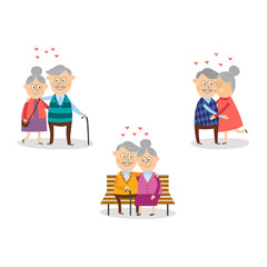 Vector elderly couple in love dating valentines day set. Cartoon characters celebrating their love sitting at restaurant drinking wine, embracing, kiss sitting at street bench . Isolated illustration
