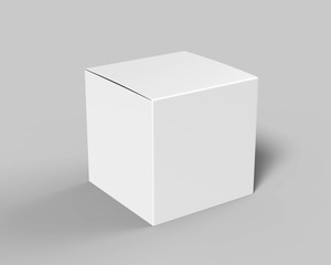 Blank white cube product packaging paper cardboard box. 3d render illustration.