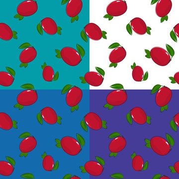 Set of four Seamless Fruit Patterns, Tropical Fruit Mango on a White Green Purple and Blue Background, Vector Illustration