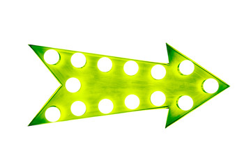 Green arrow as a vintage bright and colorful illuminated display frame with light bulbs isolated on a white background