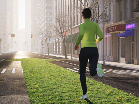 woman jogging alone in the streets of city on a green lawn arrow. 3d rendering