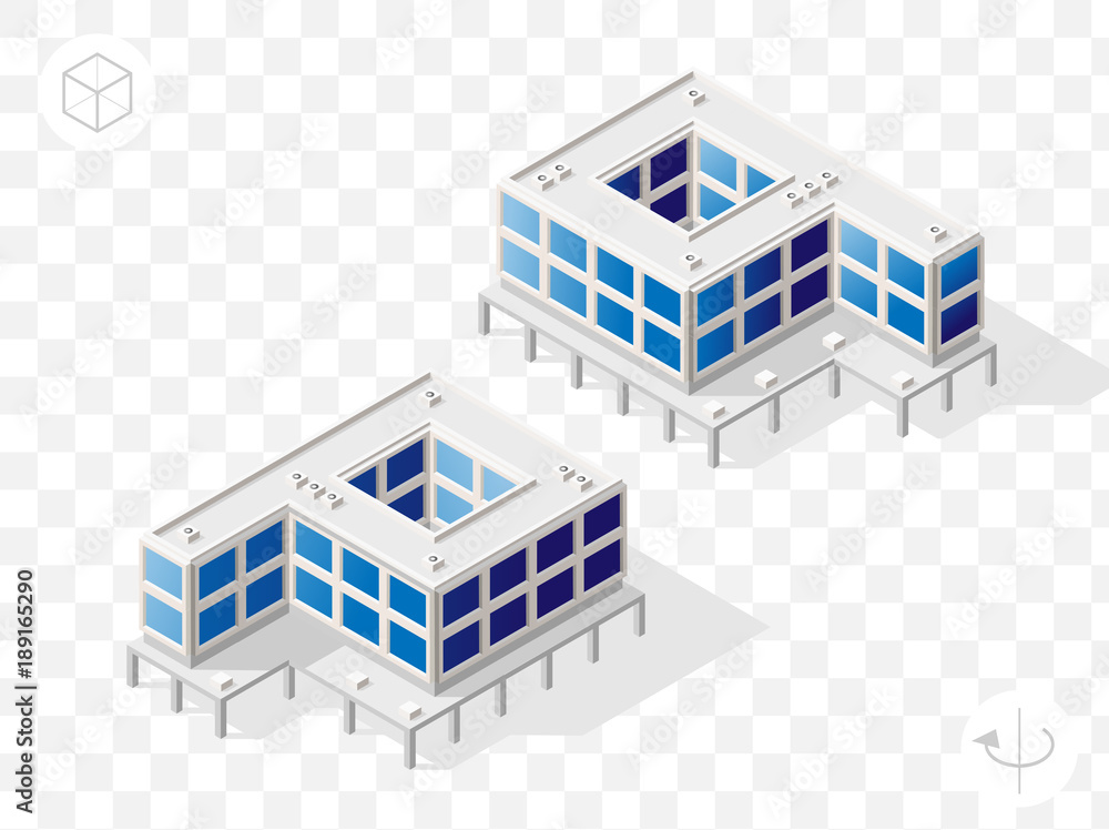 Poster isometric high quality city element with 45 degrees shadows on transparent background . offices