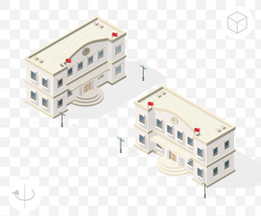 Isometric High Quality City Element with 45 Degrees Shadows on Transparent Background . Town Hall