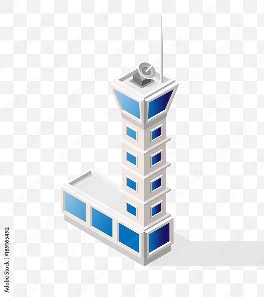 Poster isometric high quality city element with 45 degrees shadows on transparent background . flight contr