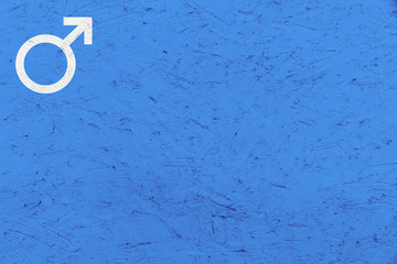 Male gender symbol (Mars sign) over blue uneven texture background. Concept image for gender, masculine, man and boy.