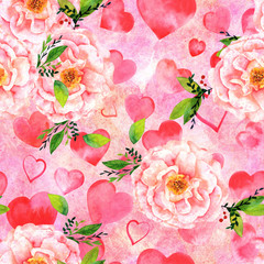 Seamless watercolour rose pattern with pink hearts on pink