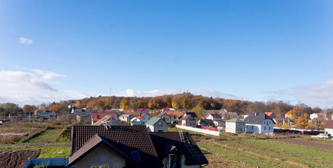 The village view from the window. Beautiful view from Windows on the houses and field.