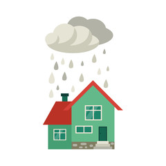Vector flat house insurance concept. House being damaged by wind, pouring rain. Natural disaster insurance scene. Isolated illustration on a white background