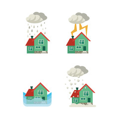 Vector flat house insurance concept set. House being damaged by wind, pouring rain, lighting snowfall and flood. Natural disaster insurance scenes. Isolated illustration on a white background