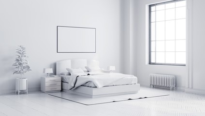 beautiful white  bedroom interior with a large bed, a horizontal poster hanging above it and a large window. 3d illustration