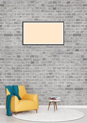 Cozy Scandinavian style interior with armchair, table, painting frame and rug on bricks wall background. 3D illustration