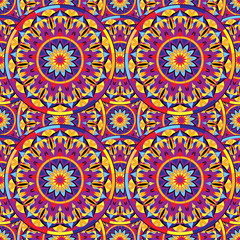 Seamless repeating pattern of colored mandalas