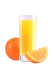 Glass of orange juice and oranges isolated on white