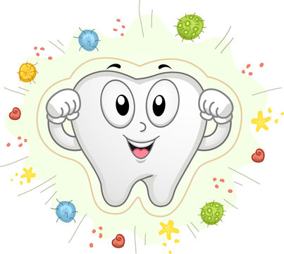 Tooth Mascot Shield Bacteria Cavities Illustration