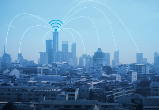 City scape and social network connection technology. telecommunication connection concept