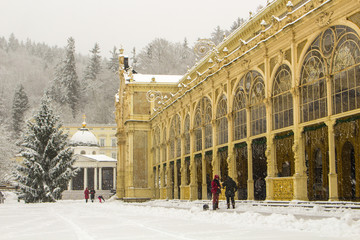 Colonnade and Christmas tree in spa town Marianske Lazne (Marienbad) Czech Republic.Winter time.