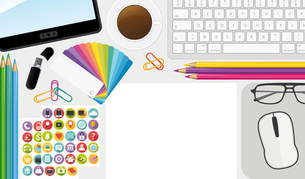 Creative workplace. Top view artist desktop. Vector illustration.