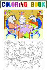 Family of badgers in their house in the kitchen coloring book for children cartoon vector illustration. Color, Black and white
