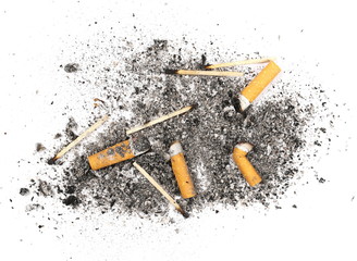 Cigarette stubs, matches and ash isolated on white background, top view