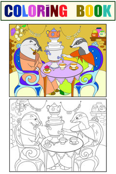 Family of badgers in their house in the kitchen coloring book for children cartoon vector illustration. Color, Black and white