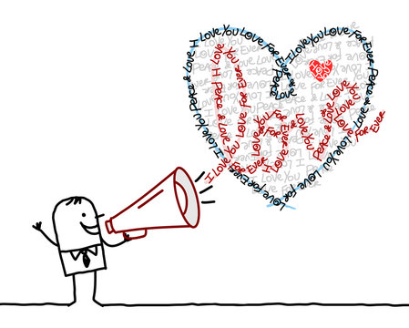Cartoon Man with Megaphone and Calligram Heart