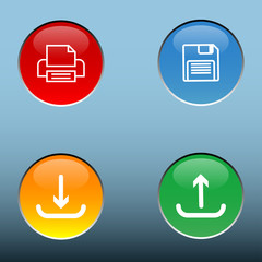 four multi color bottons vector with  save print upload and download