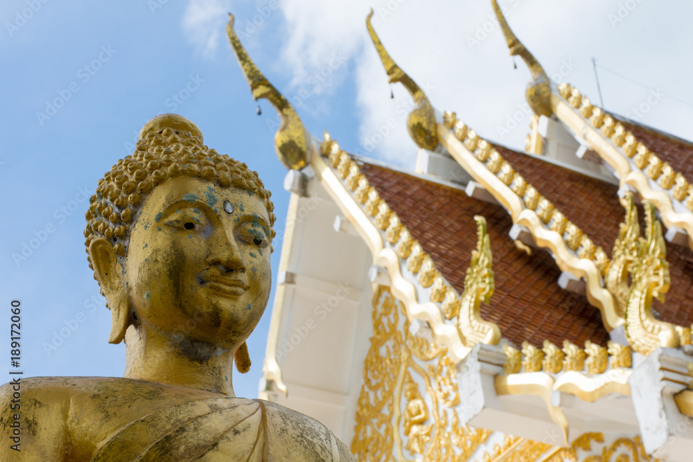 Wall mural buddha face with temple background