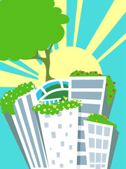 Green Buildings Sun Rays Illustration