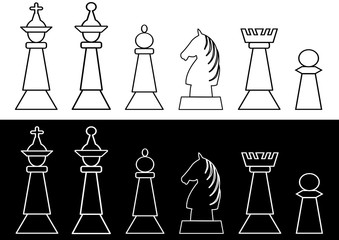 Complete set of black and white chess pieces, king and queen, rook, bishop, knight, pawn, outline design