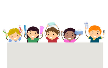 Stickman Kids Hygiene Objects Banner Illustration