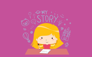 Kid Girl Creative Writing Story Illustration
