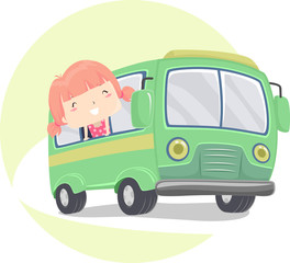 Kid Girl Travel By Bus Illustration