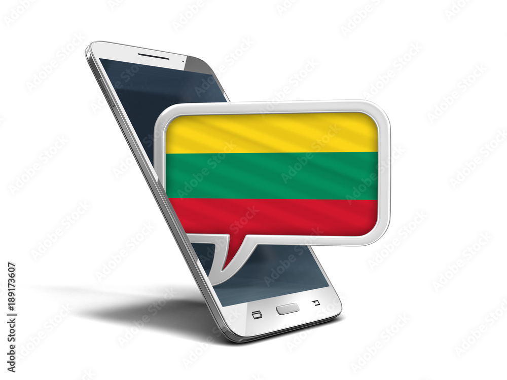 Poster touchscreen smartphone and speech bubble with lithuanian flag. image with clipping path