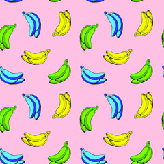 Blue Yellow Green Bananas seamless pop art vector pattern on pink background