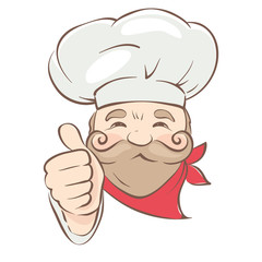 Funny Chef / Vector illustration, chef with a beard and a mustache shows a thumb