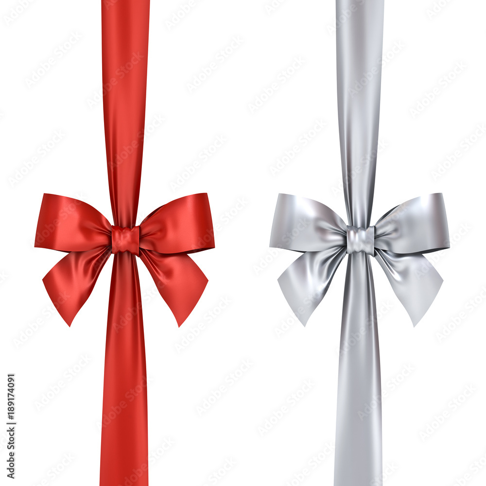 Poster red and silver gift ribbon bows isolated on white background . 3d rendering.
