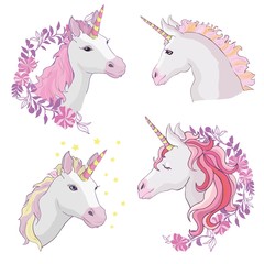 Obraz na płótnie Canvas Unicorn vector icon isolated on white. Head portrait horse sticker, patch badge. Cute magic cartoon fantasy cute animal. Rainbow hair. Dream symbol. Design for children