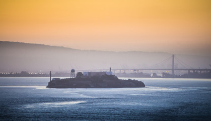 alcatraz prison island seen in san francisco bay at sunrise