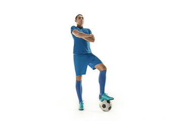 Professional football soccer player with ball isolated white background