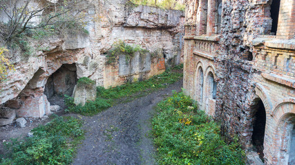 Aerial view of Wall of an old fortress with windows and doors