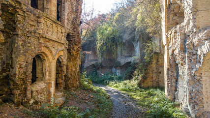 Aerial view of Wall of an old fortress with windows and doors