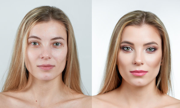Fotka „Comparison photo of a beautiful blonde girl with long hair without  and with makeup. Photo made on white background in a professional photo  studio.“ ze služby Stock | Adobe Stock