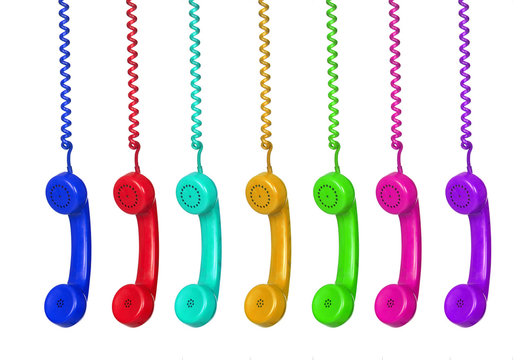 Colorful phones hanging from a cable